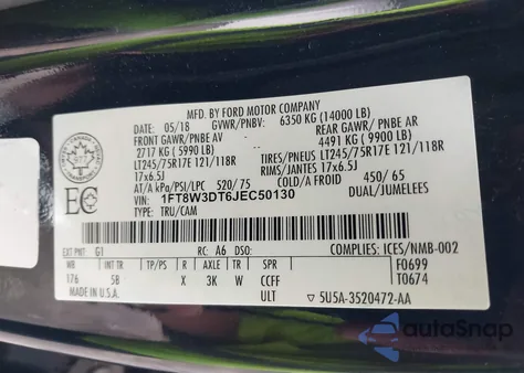 2018 Ford F350 z USA, uszkodzony, nr VIN 1FT8W3DT6JEC50130